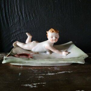 Antique Pin Dish Baby Swimming German Bisque Circa 1900, Antique Trinket Dish